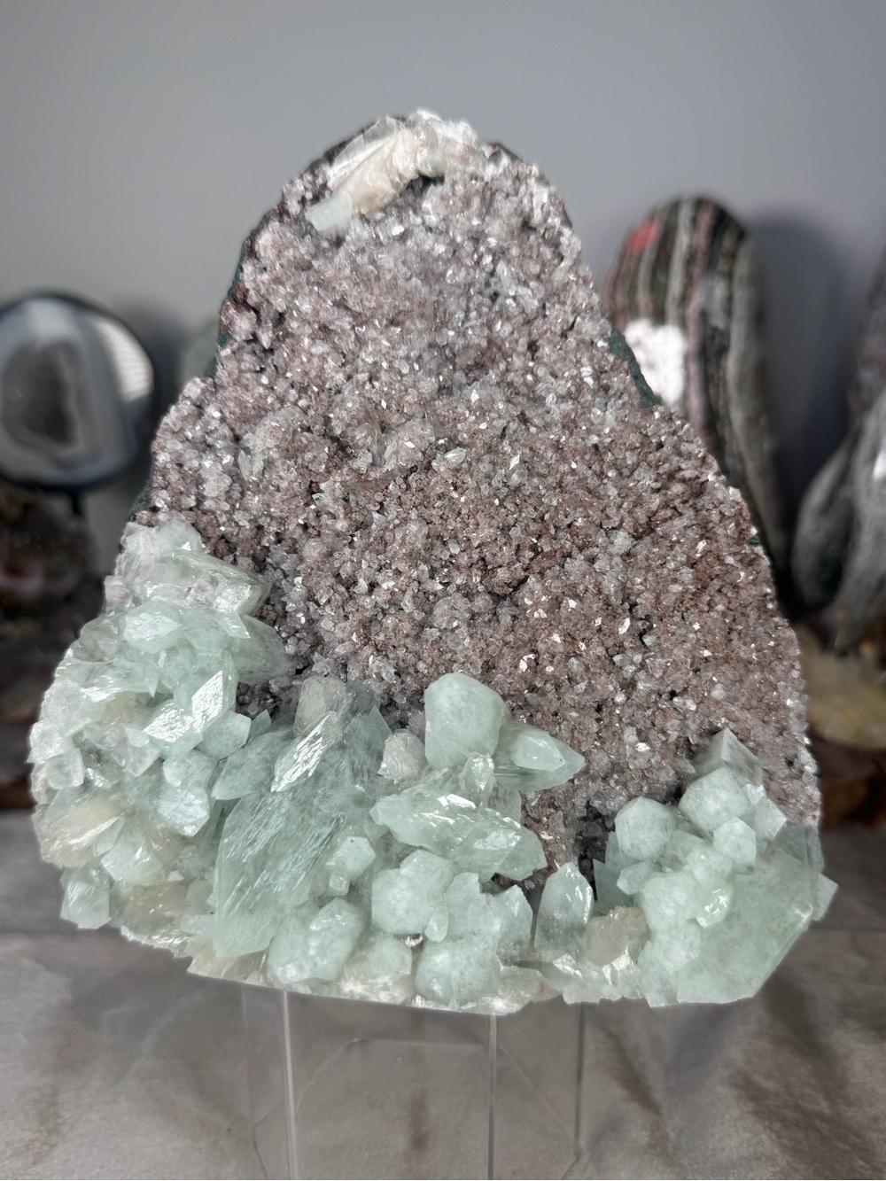 Diamond Green Apophyllite with Red Hematite Druzy – India ✨
